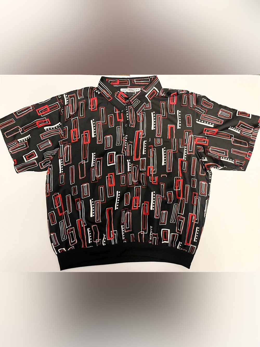Irvine Park Men's Black Geometric Short-Sleeve Polo Shirt Red and White Accents